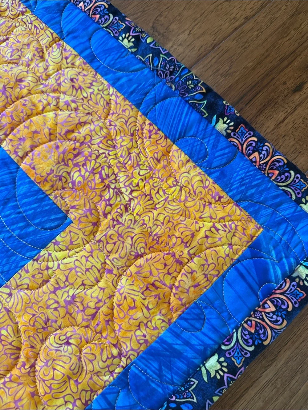 New handcrafted Vibrant Triangle Patchwork Quilt - Blue, Yellow & Pink